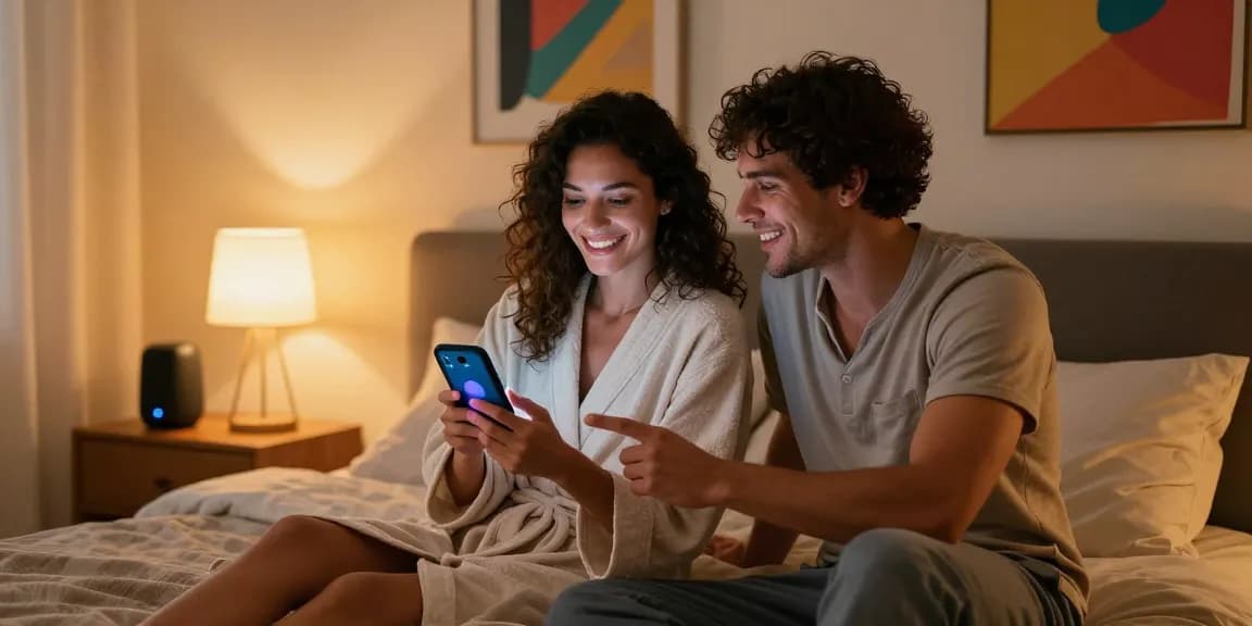 Couple exploring AI sex technology in modern bedroom, enhancing intimacy.