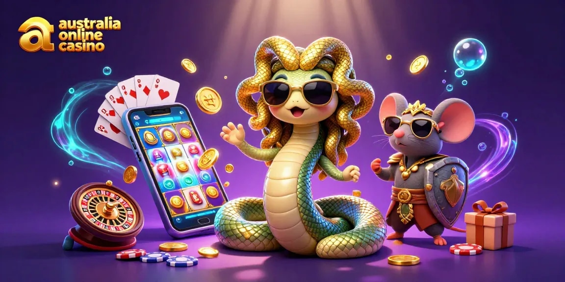 A lively scene showcasing Medusa and a warrior mouse in an australia online casino themed vibrant illustration.