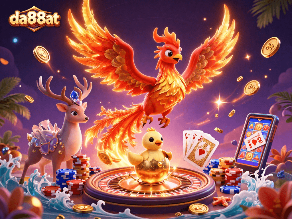 Win big with da88at in this vibrant scene featuring a phoenix and colorful casino elements.