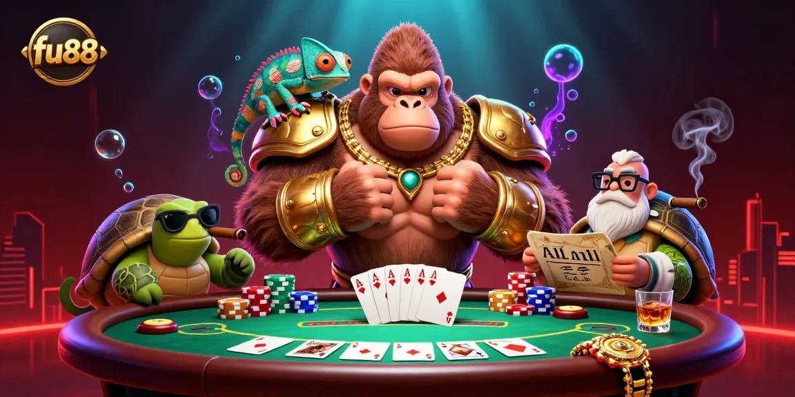 Unleash your luck at fu88 with a dynamic 3D scene featuring a gorilla king and vibrant gambling elements.