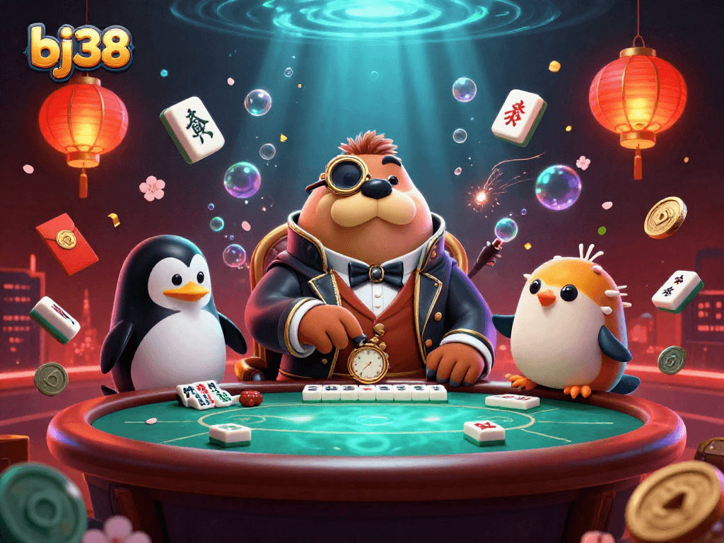 Win big with BJ38 at an underwater poker game featuring a walrus, penguin dealer, and pufferfish.