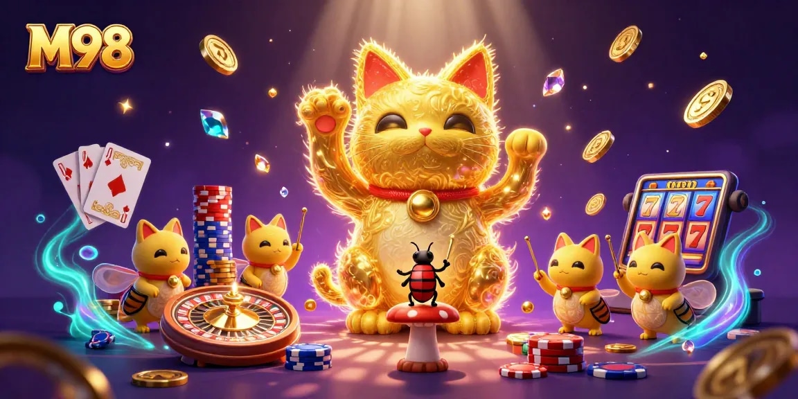 Experience the excitement of M98's dynamic casino scene featuring a giant lucky cat and cascading coins.