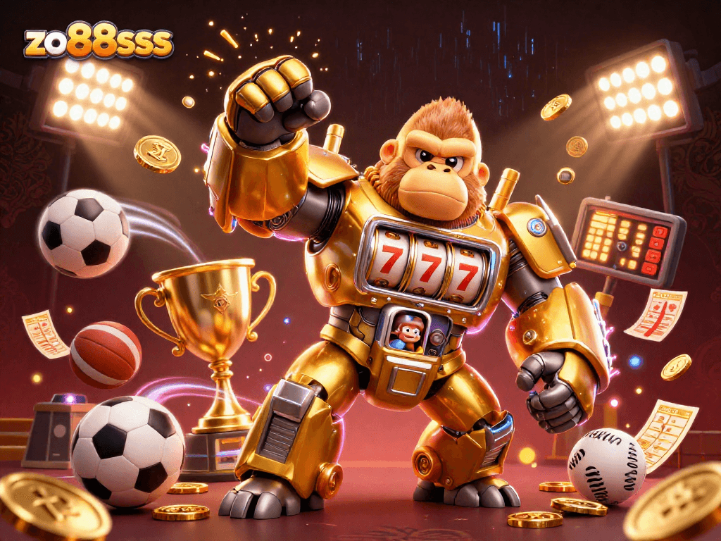 Engage in thrilling gameplay at zo88sss with a 3D cartoon gorilla mech celebrating victory surrounded by dynamic sports elements and gold.