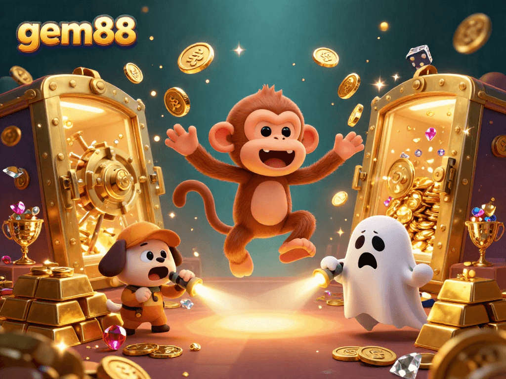 Experience the magic of gem88 as a playful monkey juggles golden treasures in a vibrant casino scene.