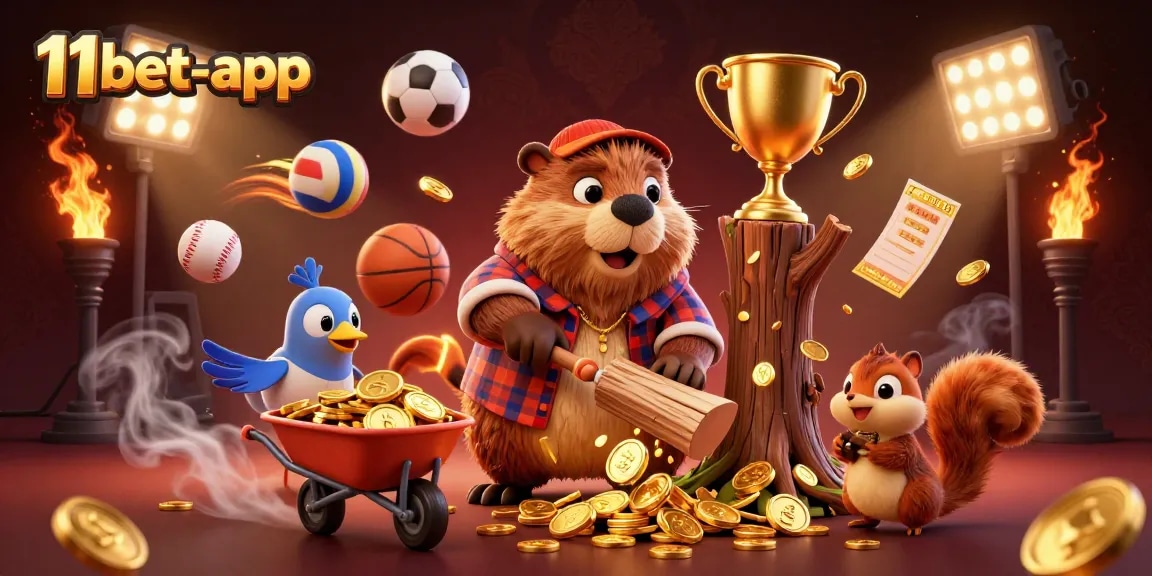 Join the 11bet-app excitement with a lumberjack beaver collecting coins in a vibrant 3D casino!