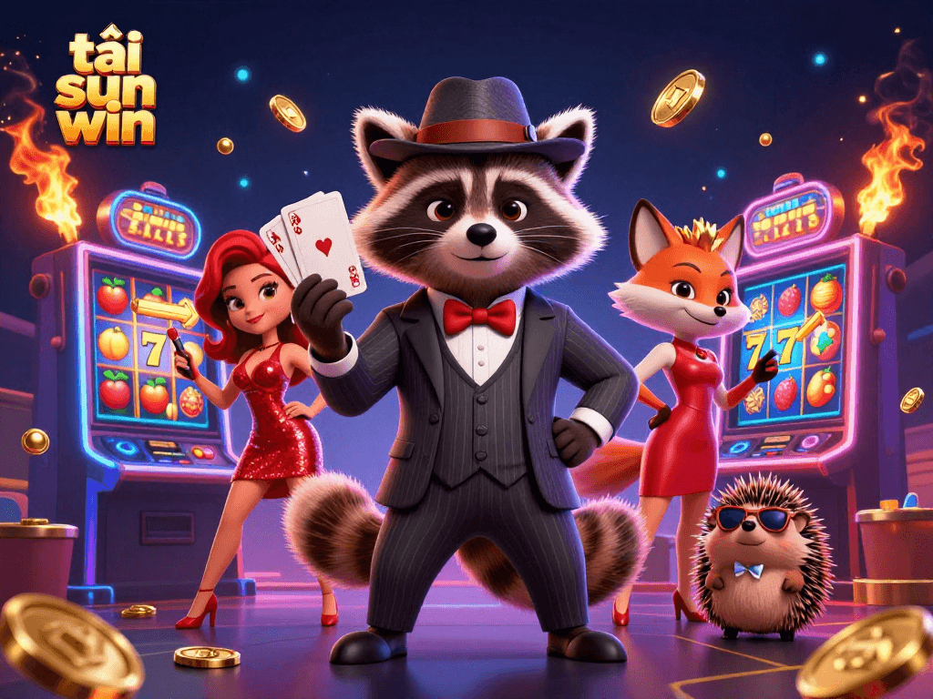 Spin the reels with tải sun win's vibrant character scene featuring a raccoon and friends at dynamic slot machines.