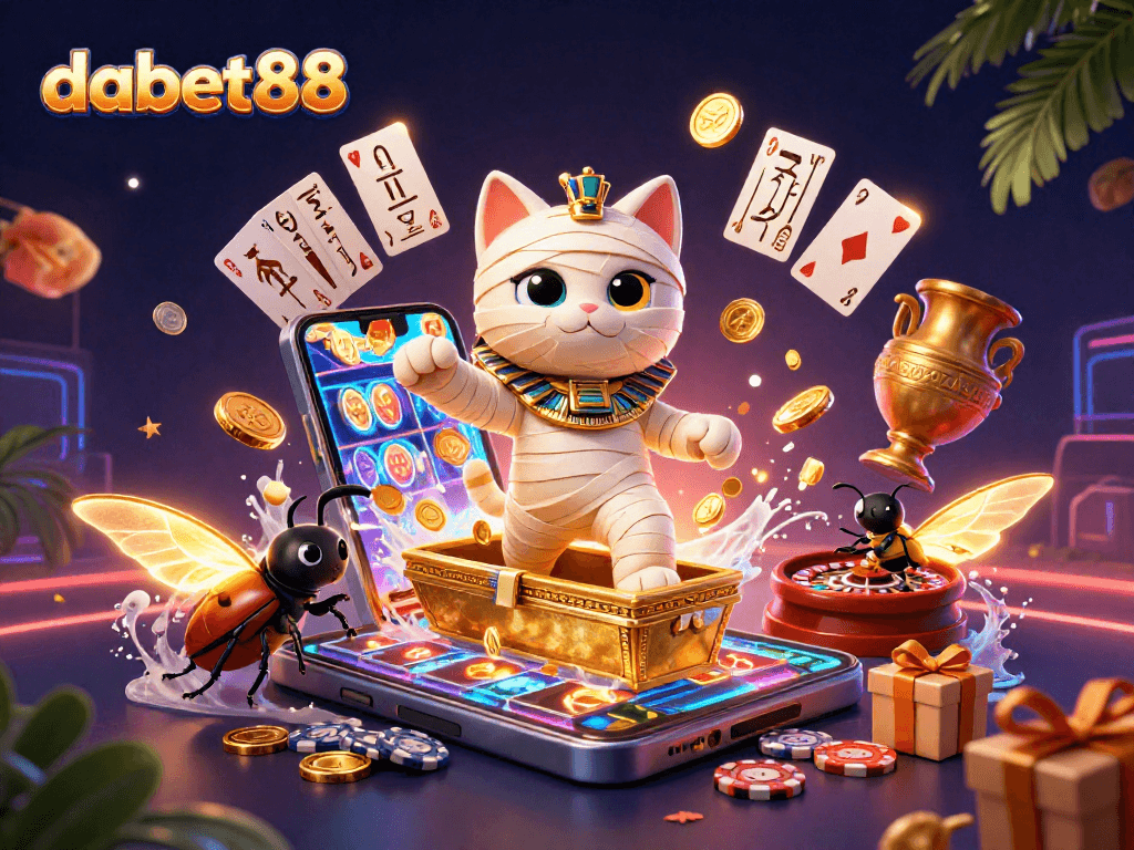 Experience thrilling action with dabet88 as the Egyptian mummy cat rises in a vibrant casino scene.