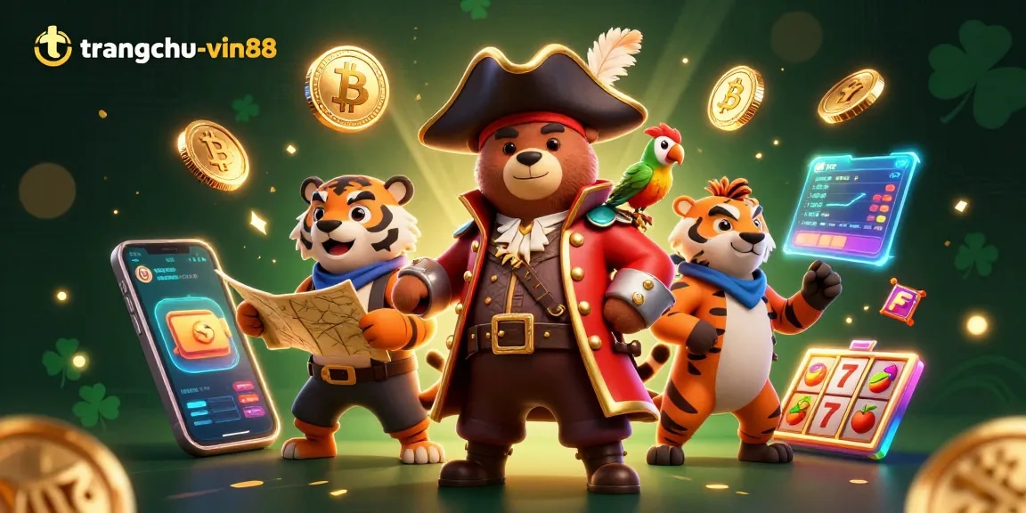 Experience the excitement of trangchu-vin88 with 3D pirate-themed casino gaming elements in a vibrant scene.