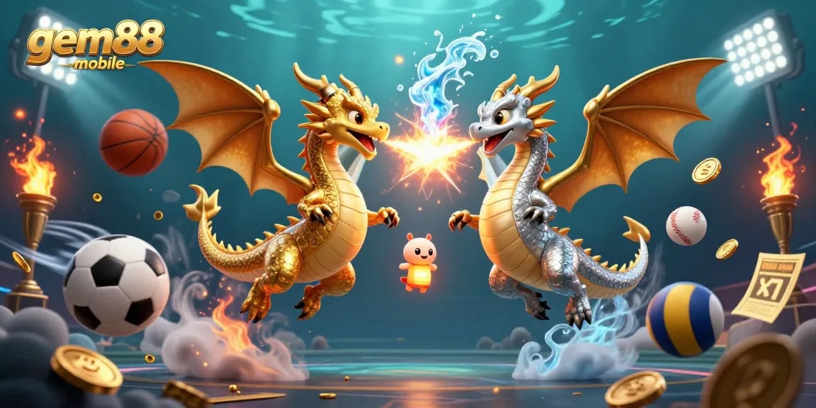 Experience dynamic gaming with gem88-mobile as twin dragons breathe fire and ice amidst thrilling sports action.