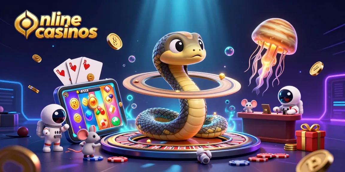 Experience online casinos with tiny mice betting on roulette and spinning slots in a cosmic scene.
