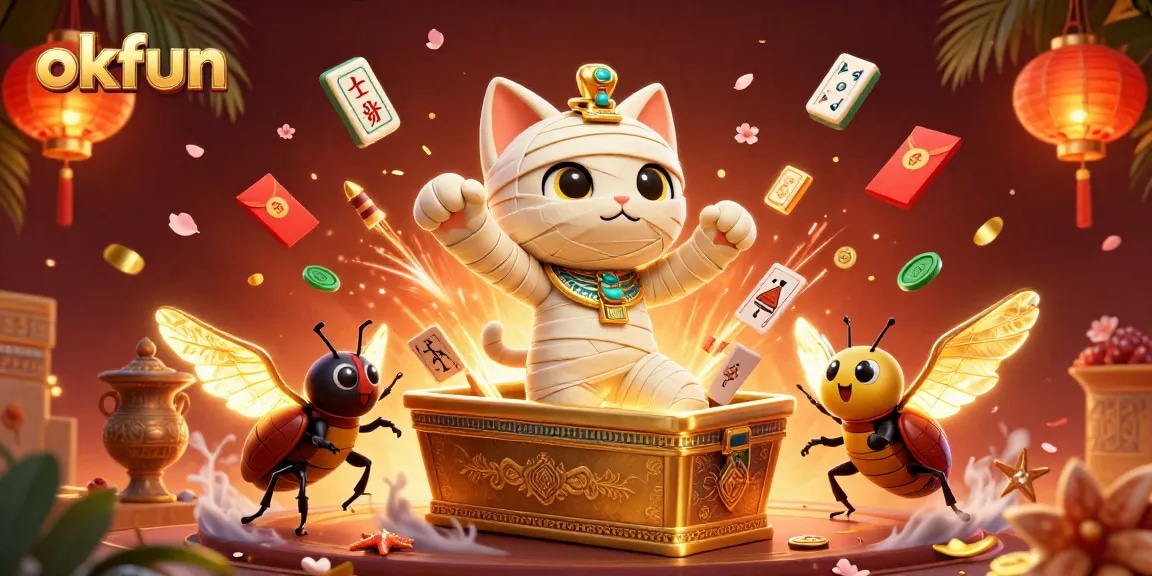 okfun unveils thrilling jackpot action with an Egyptian mummy cat in a casino scene