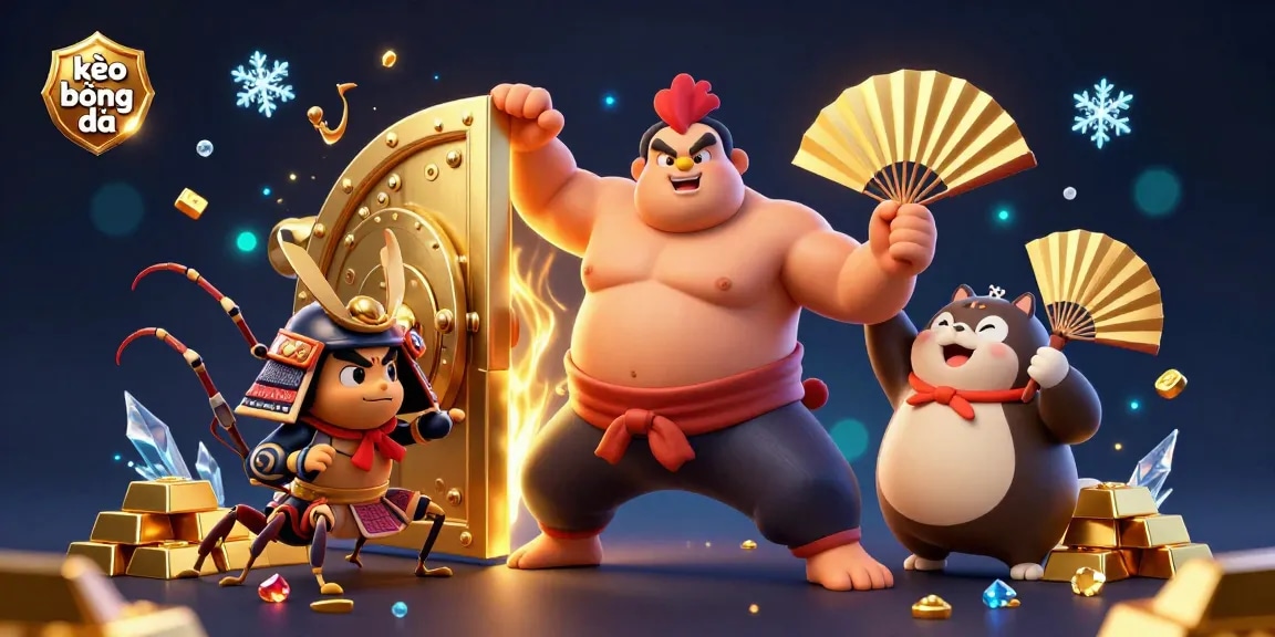 Kèo bóng đá powers up excitement with a dynamic scene of a sumo wrestler rooster, a samurai cricket, and a tanuki announcer amidst treasures.