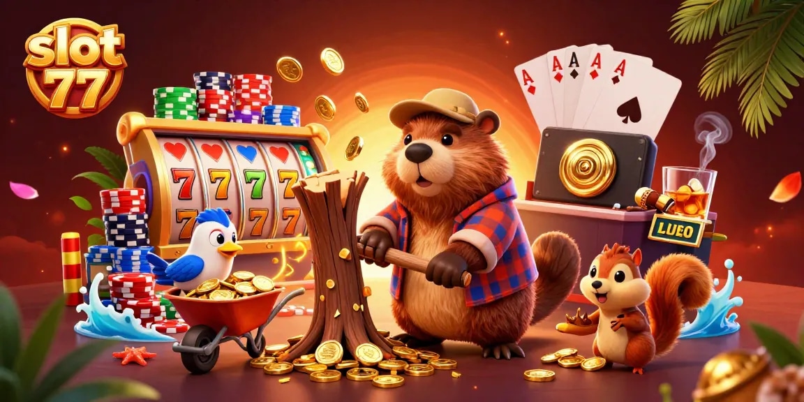 Engage with slot 77 gameplay featuring a beaver and companions celebrating a coin rain!