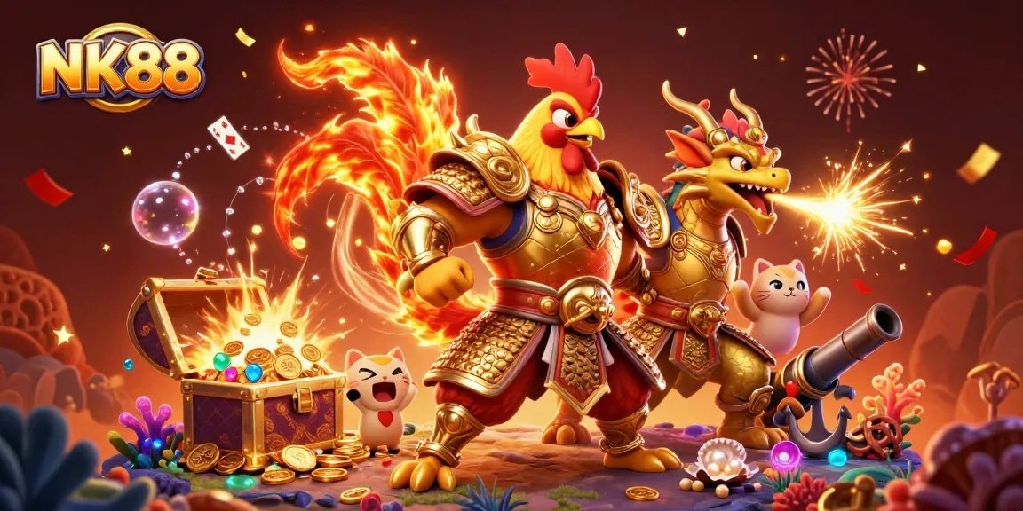 Experience thrilling gameplay with NK88 in a vibrant digital casino scene filled with fun characters.