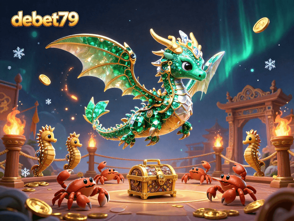 Experience excitement with debet79 featuring a sea dragon and treasure chest in a vibrant casino setting.