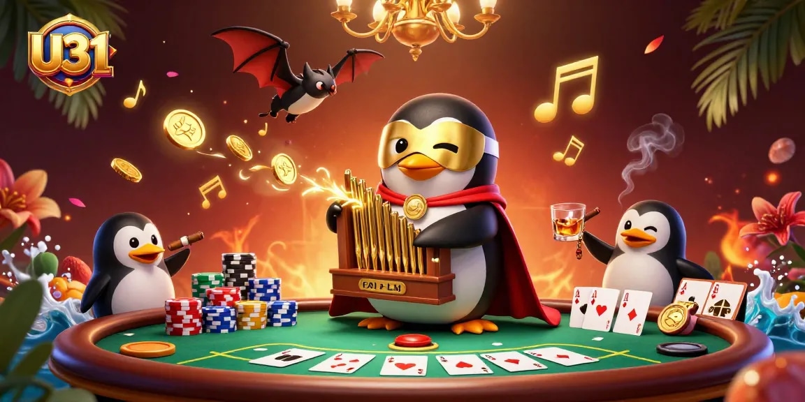 Experience 3D U31 casino excitement with a penguin playing for jackpots and golden coins.