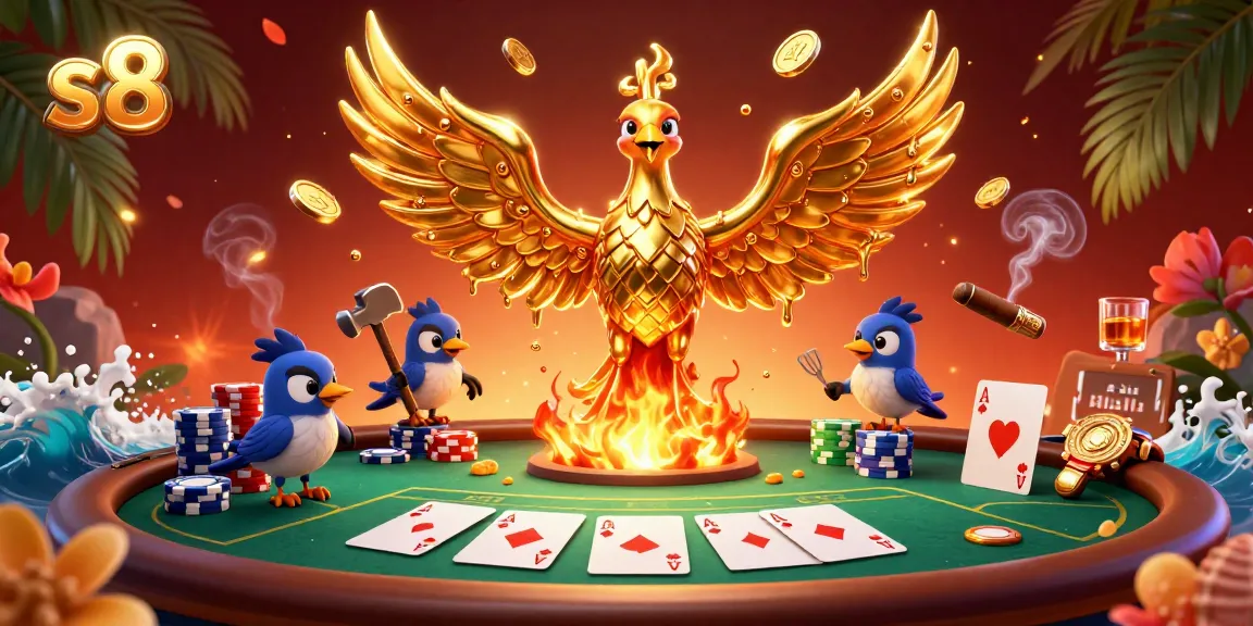 Immerse in the s8 gaming experience with a golden phoenix and poker elements in a vibrant casino scene.
