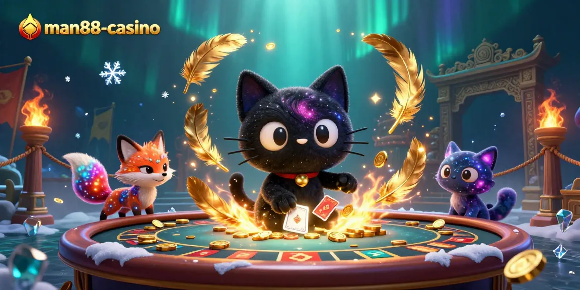 Experience the excitement of man88-casino with cosmic characters pulling golden chips at a vibrant table.
