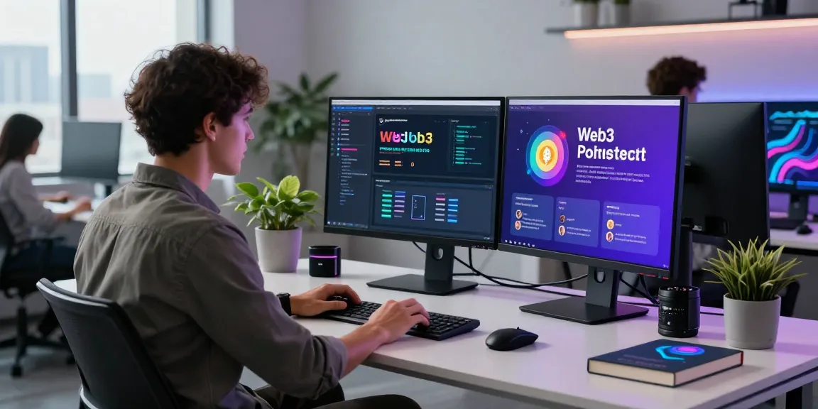 Developer coding Web3 applications in a modern workspace with innovative tech and a vibrant atmosphere.