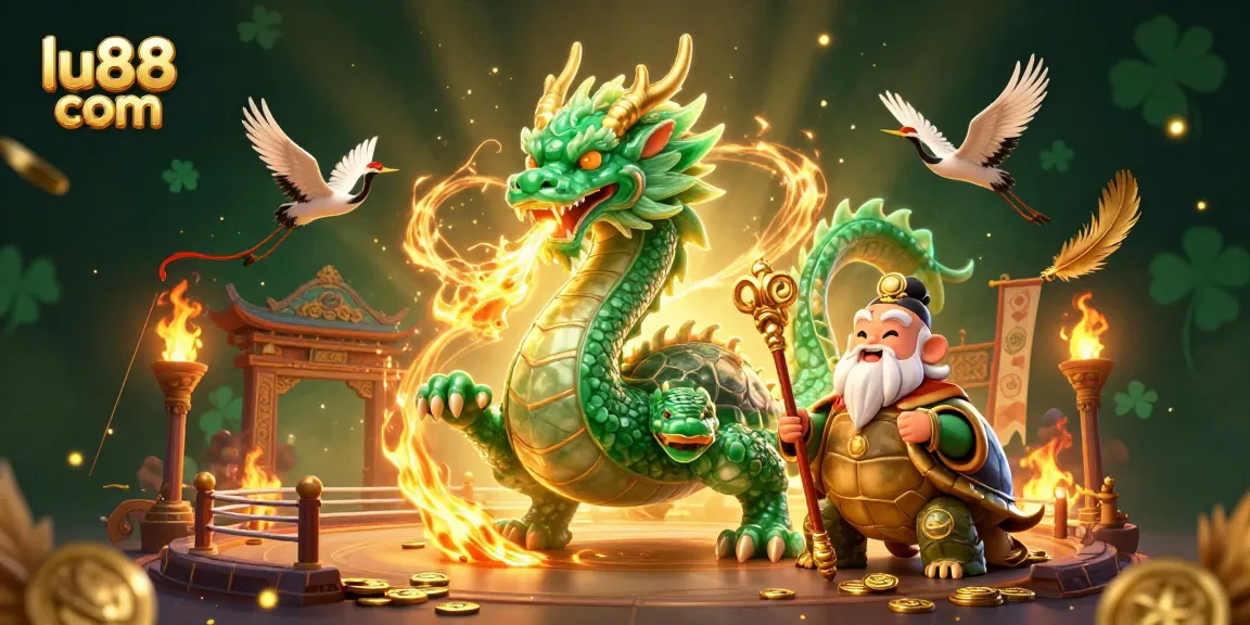 Engage with lu88 com at a vibrant casino scene featuring a jade dragon and lucky symbols.