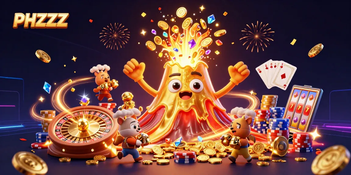 Spin to win with PHZZZ, featuring an erupting treasure volcano and excitement of casino elements.