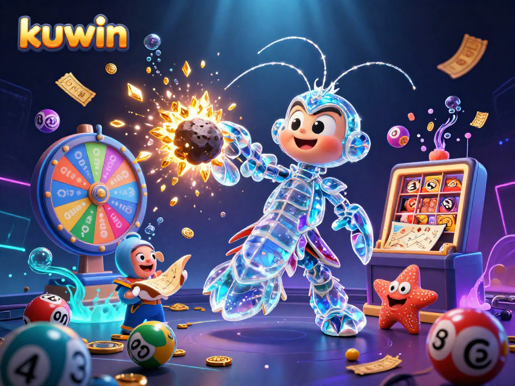 Kuwin's skilled mantis shrimp heroically punches an asteroid to release gems and coins, enriching the online casino experience.