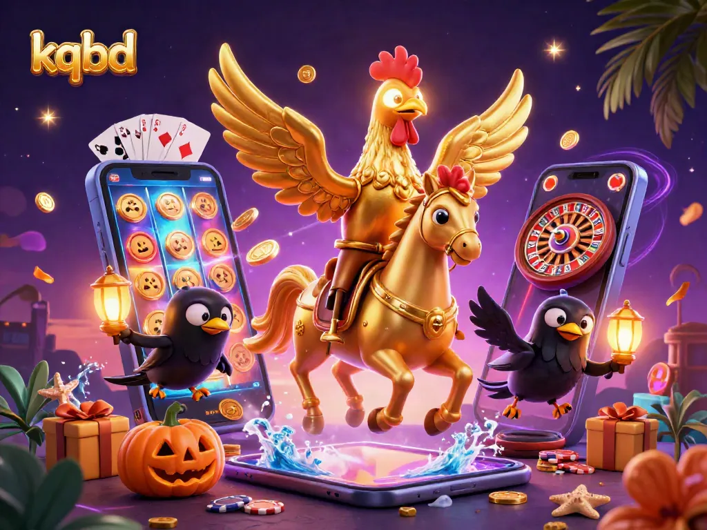 Engage with kqbd's vibrant casino atmosphere, featuring a golden rooster and spectral horse amidst dynamic gaming elements.