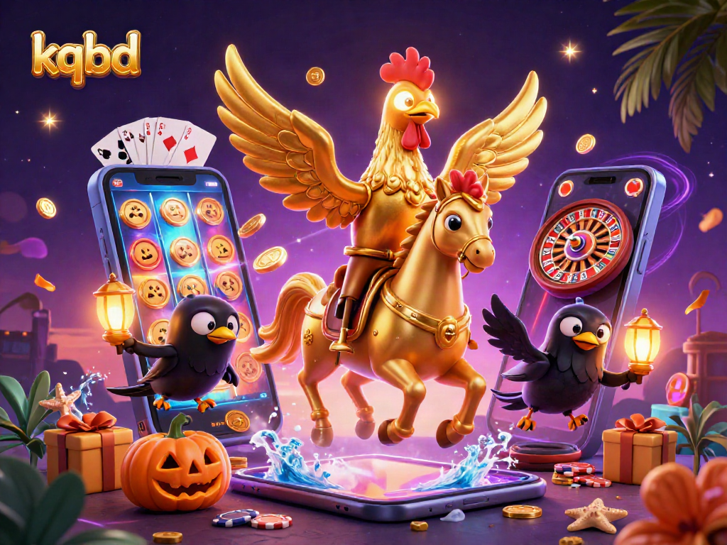 Engage with kqbd's vibrant casino atmosphere, featuring a golden rooster and spectral horse amidst dynamic gaming elements.