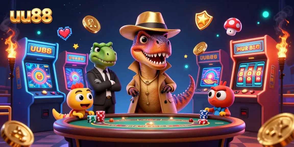 Experience thrilling blackjack action at uu88 with a cartoon velociraptor in a trench coat, surrounded by vibrant slot elements.