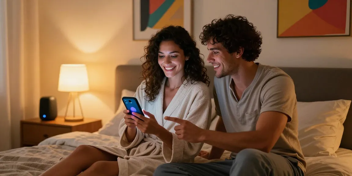 Couple exploring AI sex technology in modern bedroom, enhancing intimacy.