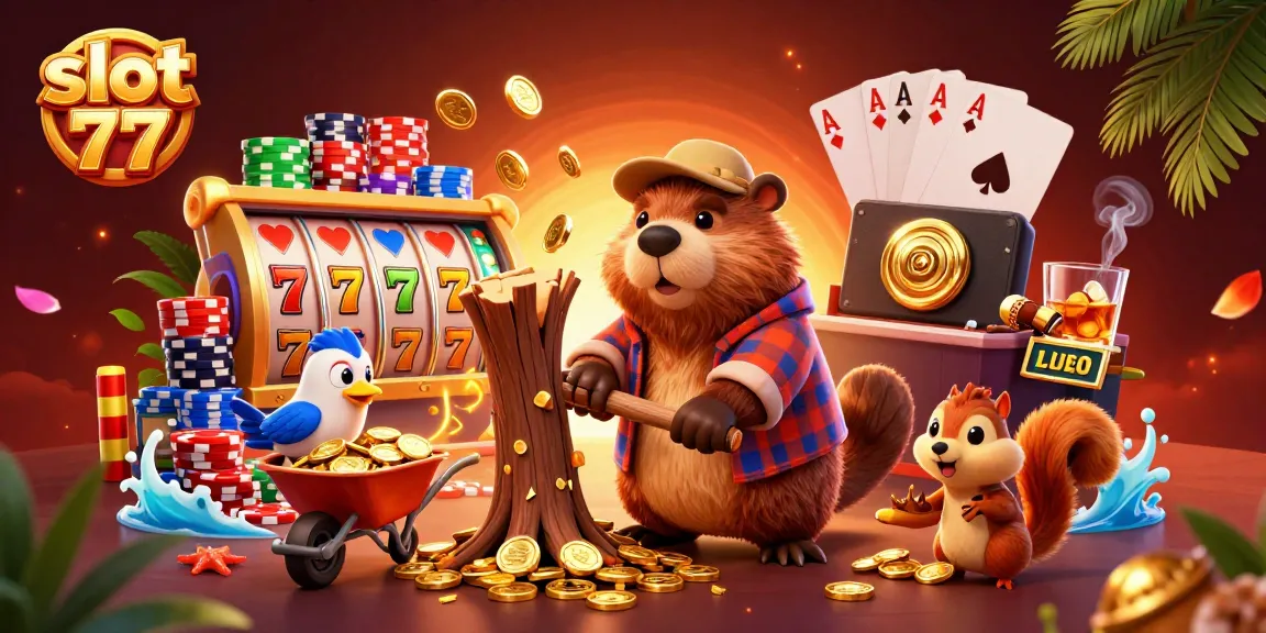 Engage with slot 77 gameplay featuring a beaver and companions celebrating a coin rain!