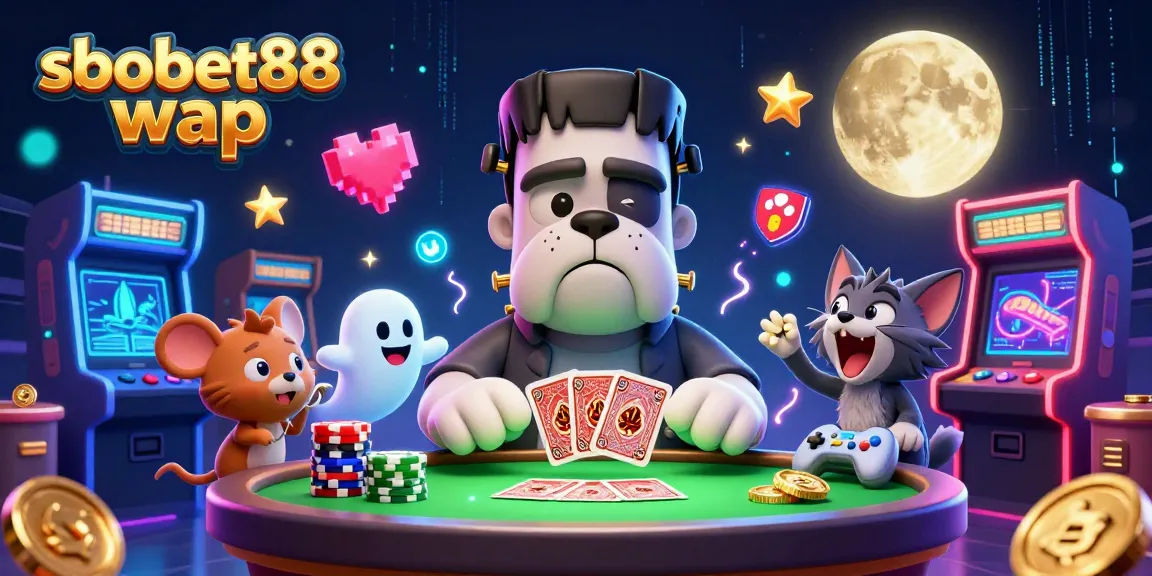Engage in thrilling action with sbobet88 wap as a Frankenstein bulldog deals cards at a vibrant casino scene.