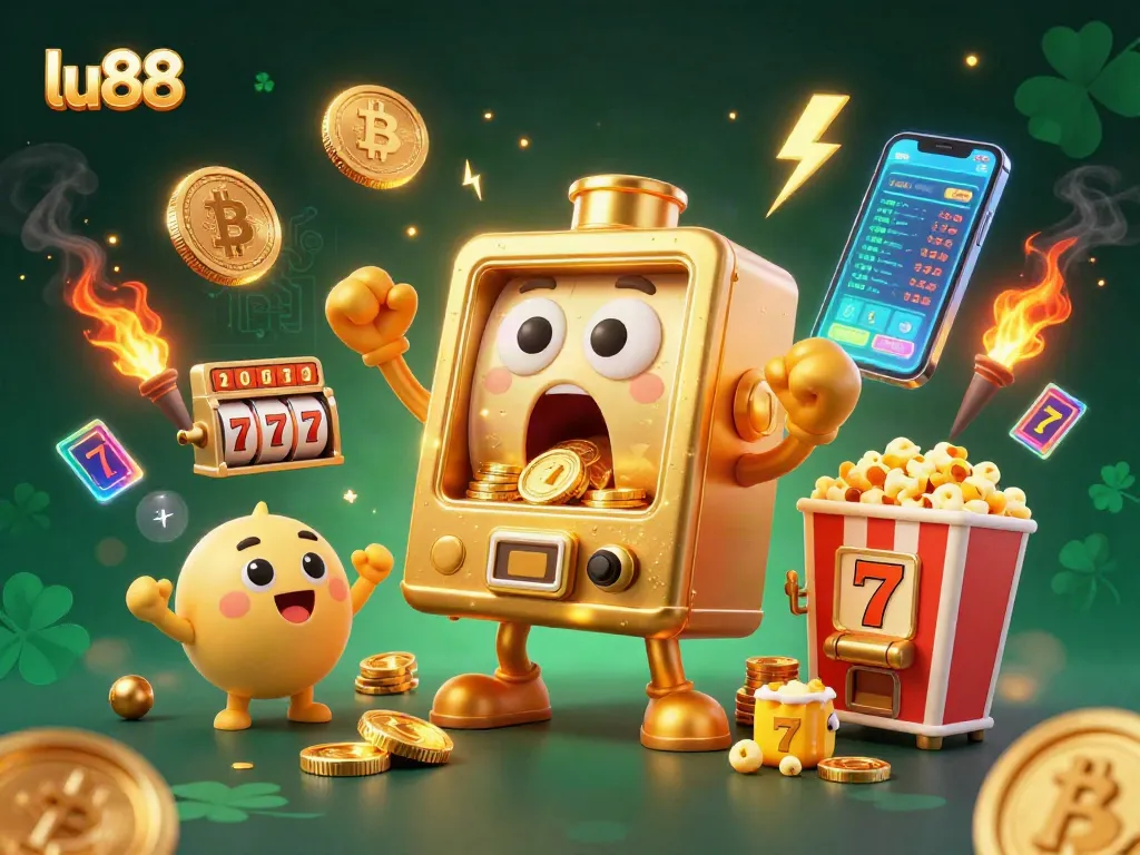 lu88 slot machine jackpot scene with coins pouring out, cartoon style illustration