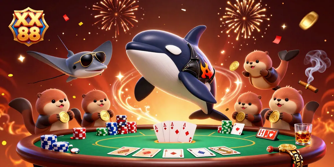 Join the excitement at XX 88, where an orca, stingray, and sea otters celebrate winning poker!