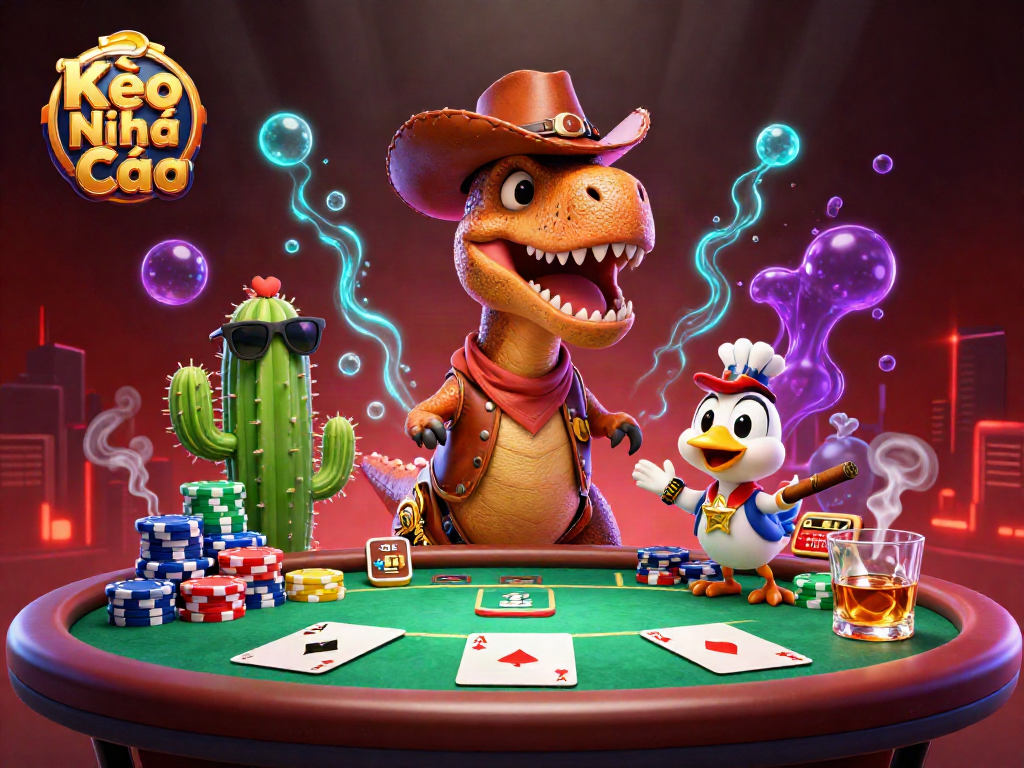 Kèo Nhà Cái showcases a dynamic poker scene with T-Rex and friends at a vibrant poker table.