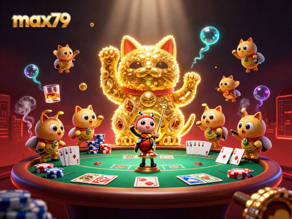 Marvel at the captivating max79 lucky cat surrounded by vibrant casino elements in a lively 3D illustration.