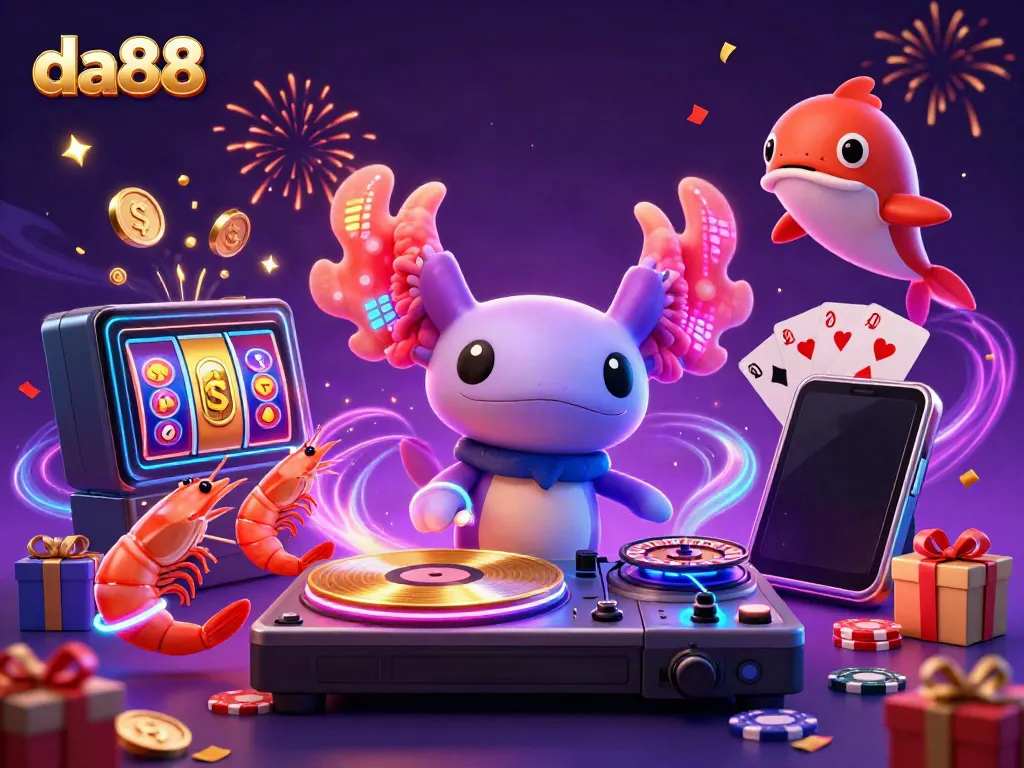 da88 gamifies the underwater party with a DJ axolotl mixing vibrant slot games and energetic sea creatures