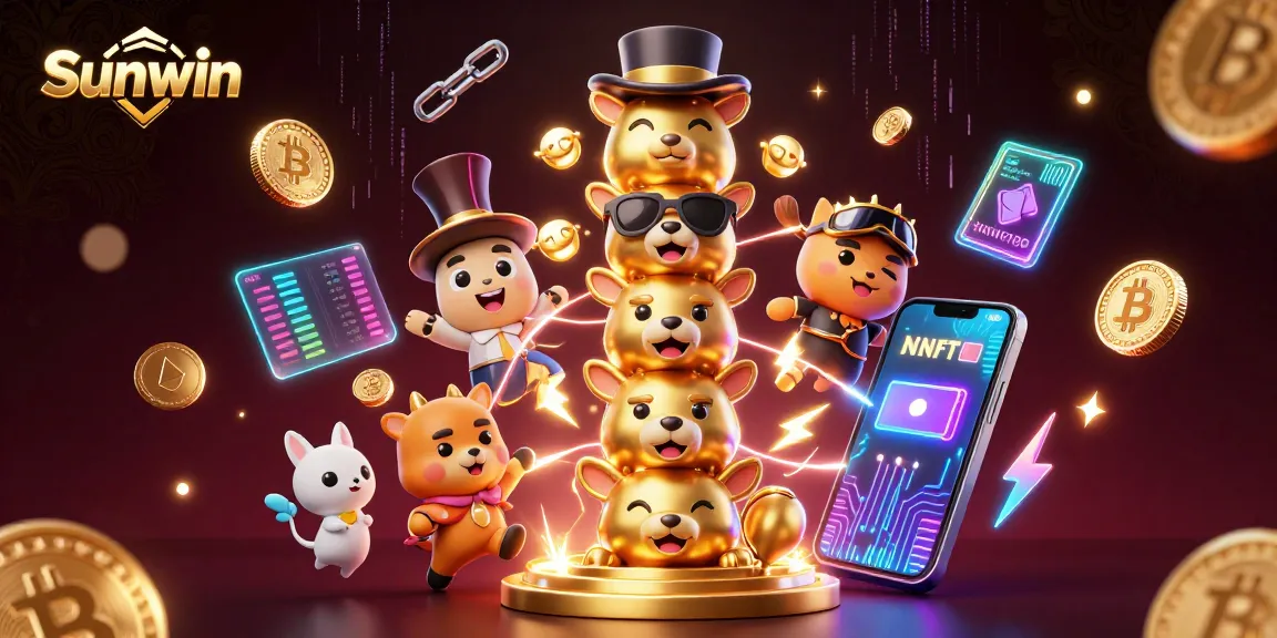 Engage with exhilarating games at Sunwin, featuring a vibrant dynamic casino scene with animated totems and crypto elements.
