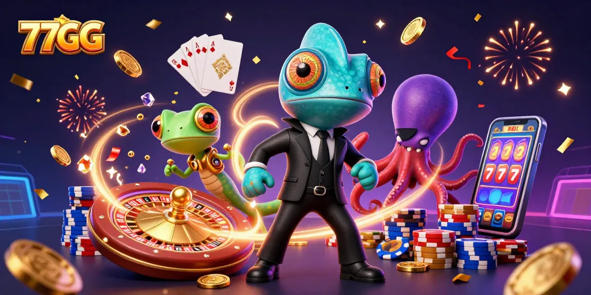 Experience thrilling betting with 77GG and vibrant casino characters amidst lavish game elements.