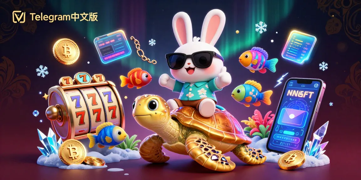 在一个生动的赌场主题3D场景中与Telegram中文版互动，特色包括幸运兔子和金色龟。