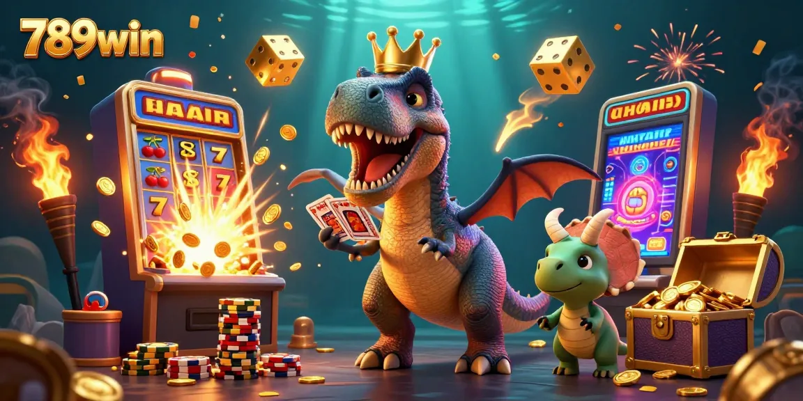 Engage with thrilling slot games at 789win as a T-Rex and friends shine in a vibrant casino.