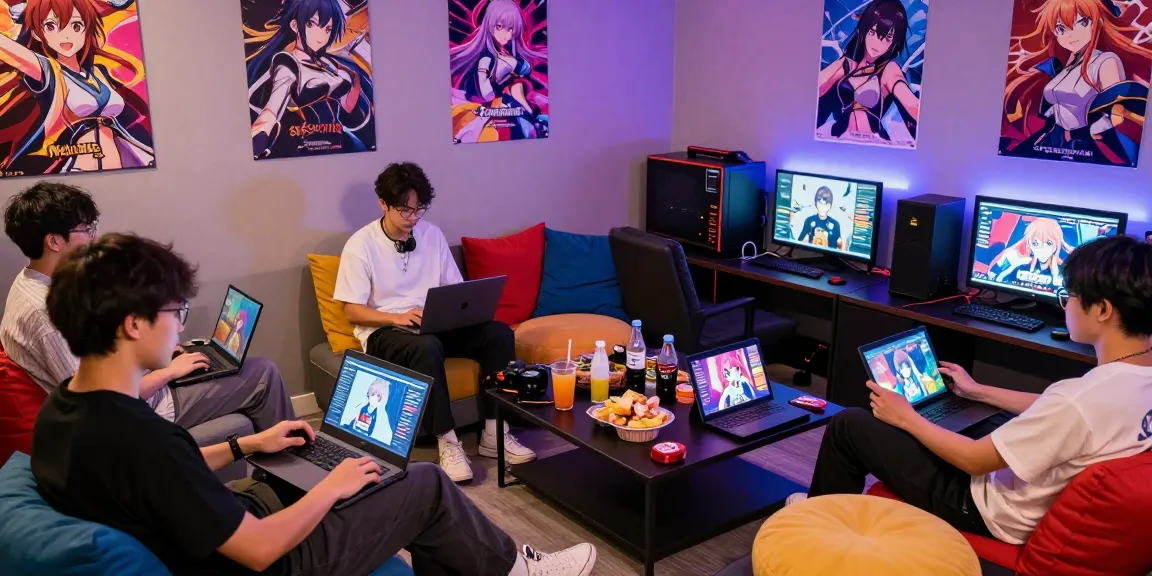 Group of gamers enjoying popular ecchi games in a vibrant lounge setting