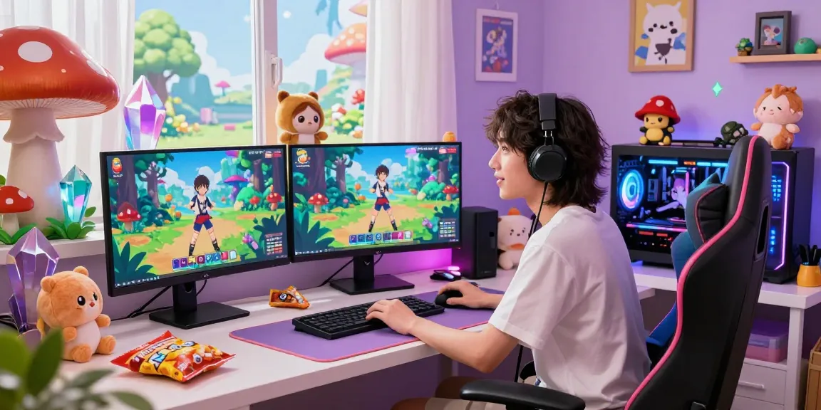 Colorful scene featuring femboy hentai games on multiple screens in a gaming nook, showcasing character gameplay and fantasy elements.