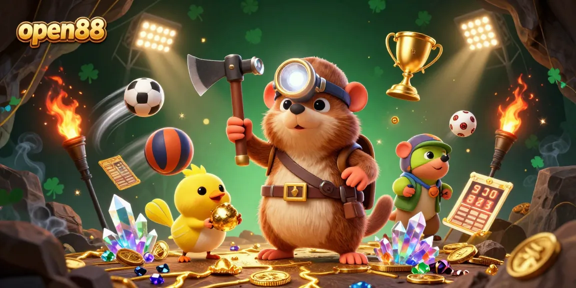 Engage with open88's thrilling online experience by watching a treasure hunter celebrate wins amidst dynamic sports elements.