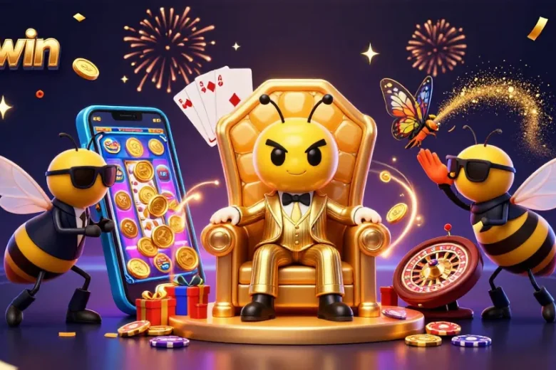 Experience a vibrant 58win scene with a cartoon bee boss among casino elements, showcasing gaming excitement.