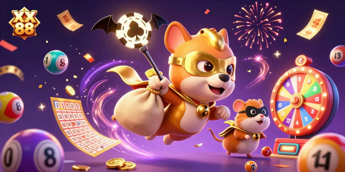 Experience the excitement of XX 88 with a superhero dog and vibrant casino elements
