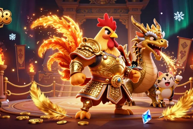 Experience the thrilling world of GG88 with a dynamic fighting rooster and dragon in action.