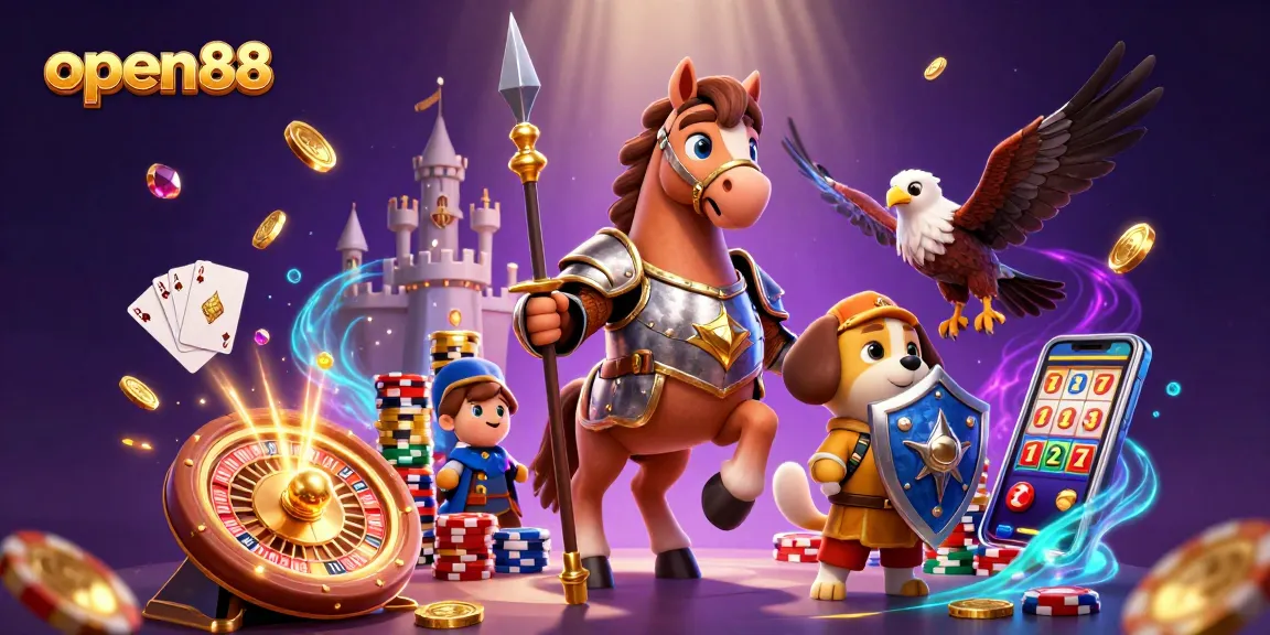 Experience open88 with vibrant slot machines, golden coins, and lively casino characters in action.