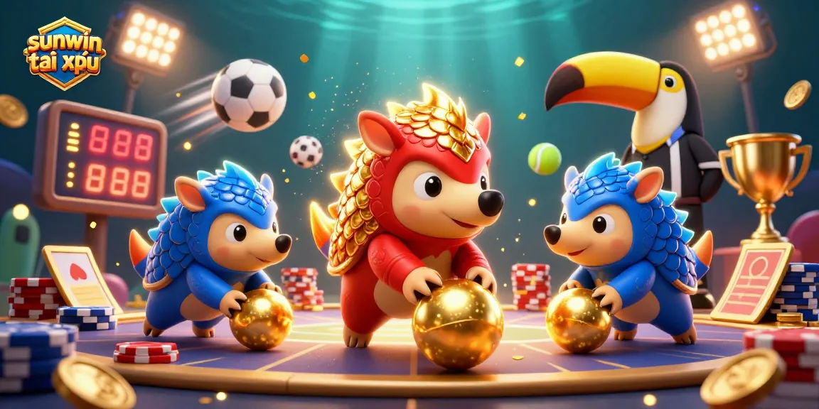 Engage with sunwin tài xỉu in a vibrant casino scene featuring playful pangolins and dynamic sports elements.