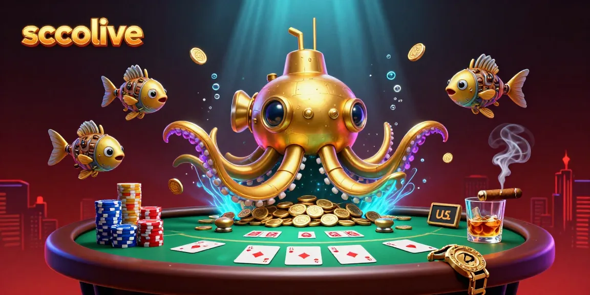 Socolive showcases a vibrant scene of a golden kraken submarine surfacing through gold coins, surrounded by poker elements.